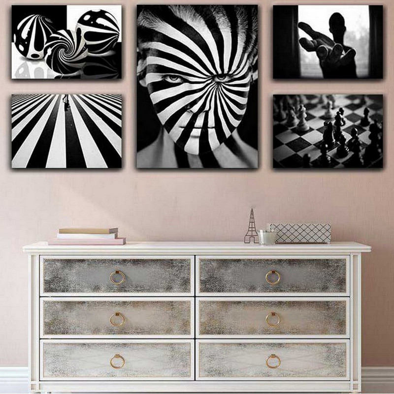 تابلو شاسی بکلیت طرح دکوراتیو راه راه سیاه و سفید مدل SH-142 مجموعه 5 عددی