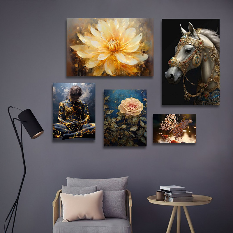 تابلو شاسی بکلیت طرح اسب و گل و پروانه طلایی مدل SH-1224  مجموعه 5 عددی