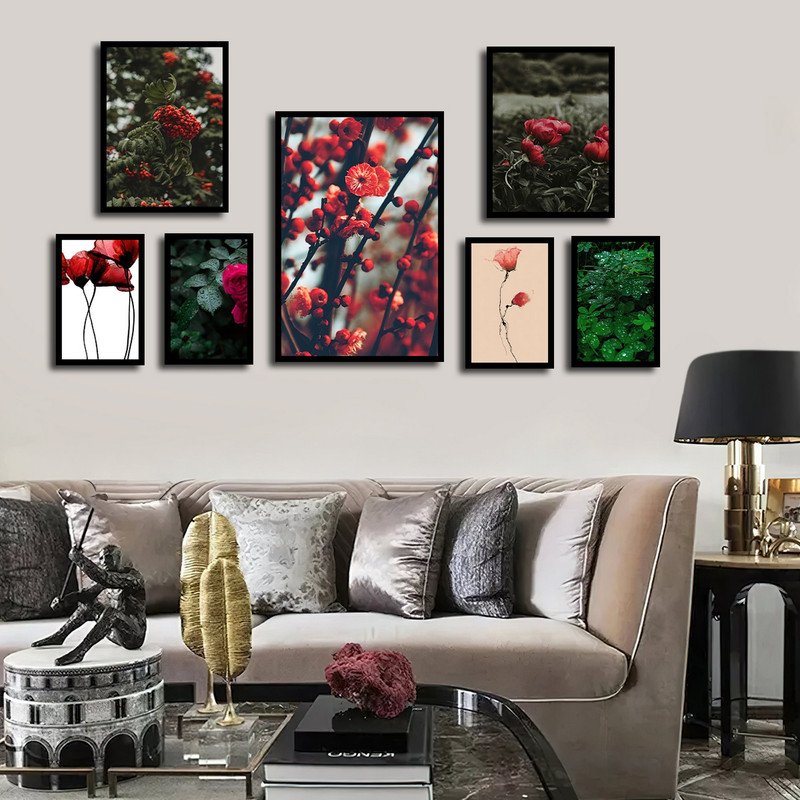 تابلو بکلیت طرح مدرن طبیعت و گل قرمز مدل B-1707 مجموعه 7 عددی