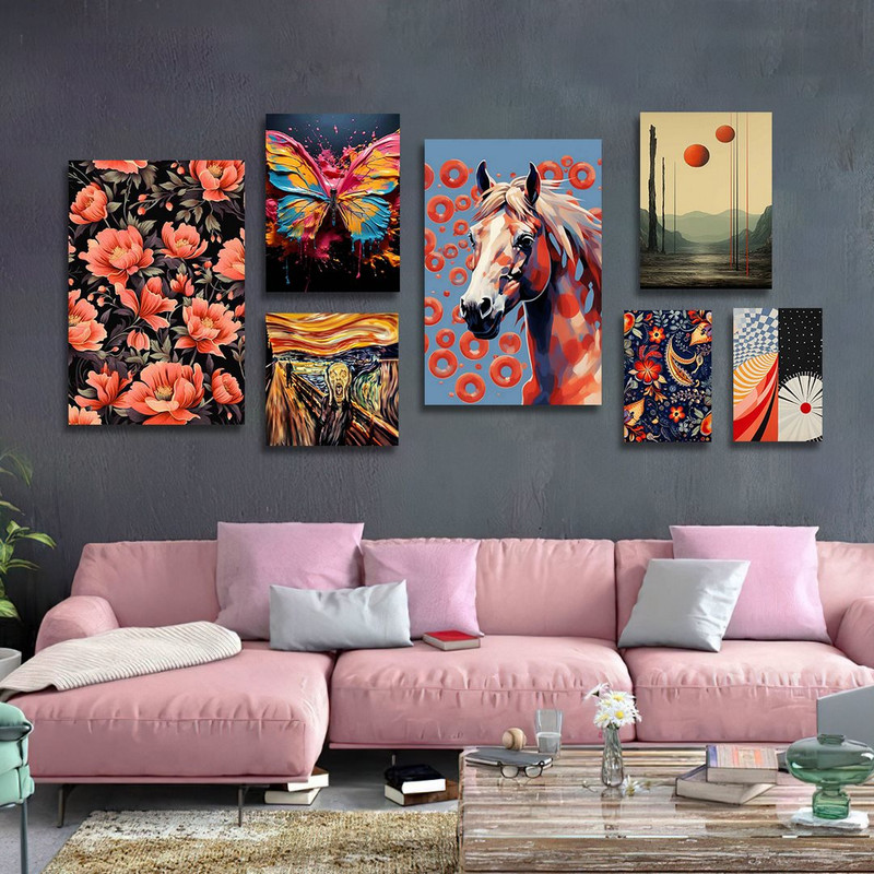 تابلو شاسی بکلیت طرح اسب و گل رنگی و پروانه مدل SH-1169  مجموعه 7 عددی