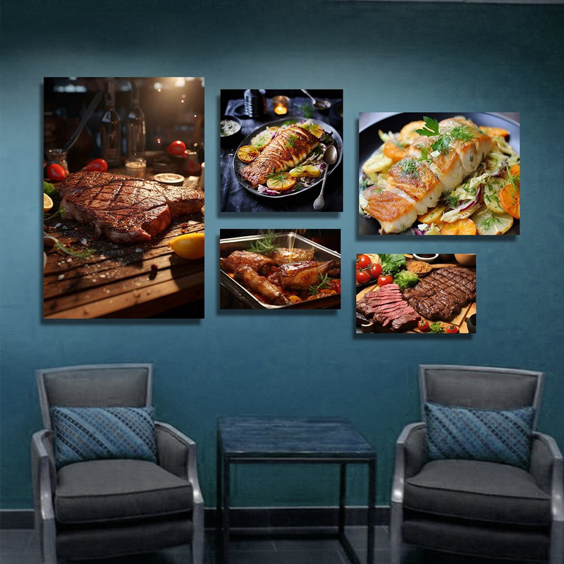 تابلو شاسی بکلیت طرح رستوران و فست فود استیک و ماهی مدل SH-1140  مجموعه 5 عددی