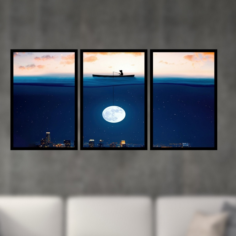 تابلو بکلیت طرح نقاشی فانتزی آسمان شب و مهتاب مدل B-S4902 مجموعه 3 عددی
