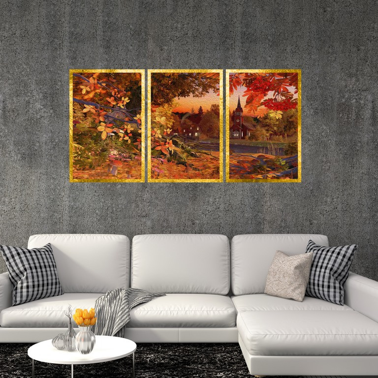تابلو بکلیت طرح نقاشی منظره شهری پاییزی مدل T-S4832 مجموعه 3 عددی