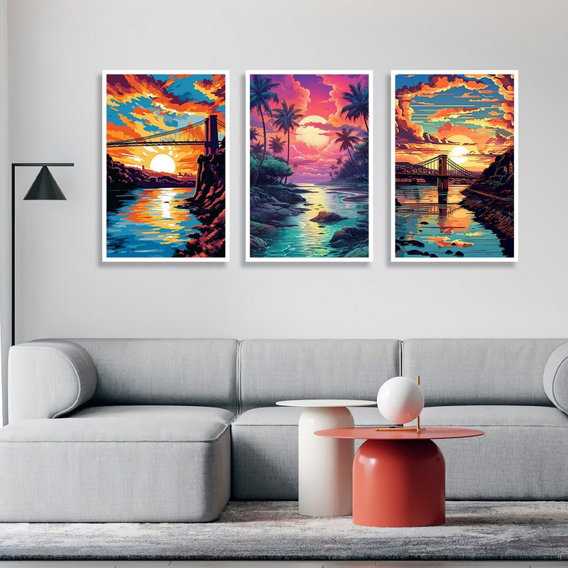تابلو بکلیت طرح نقاشی رنگ روغن غروب خورشید مدل W-1177 مجموعه 3 عددی