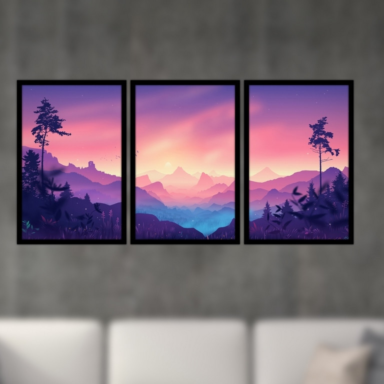 تابلو بکلیت طرح نقاشی منظره ی جنگل و کوهستان مدل B-S4983 مجموعه 3 عددی