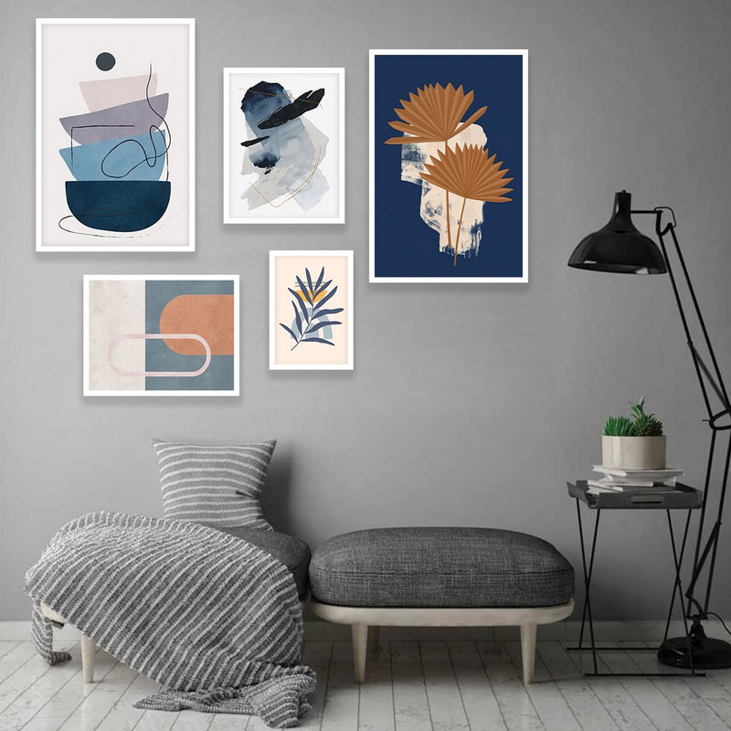 تابلو بکلیت مدل طرح مینیمال برگ و تم ابی W-973  مجموعه 5 عددی