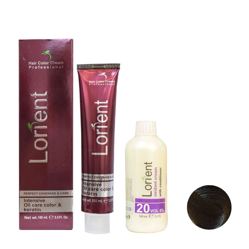 رنگ مو لورینت شماره M3 حجم 100 میلی لیتر رنگ قهوه ای زیتونی متوسط به همراه اکسیدان مدل 1 شش درصدی حجم 125 میلی لیتر