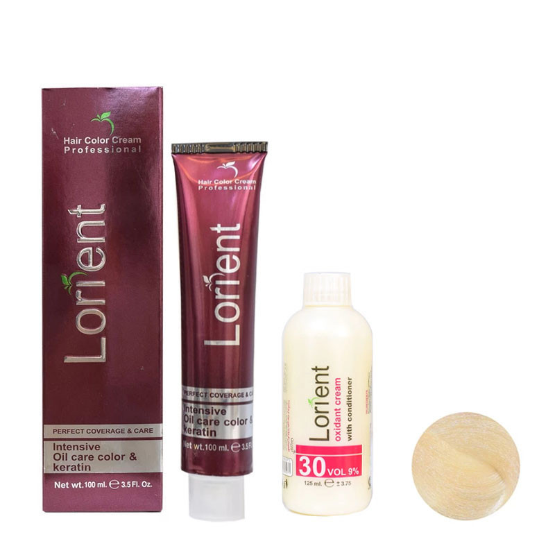 رنگ مو لورینت شماره 12.10 حجم 100 میلی لیتر رنگ کرم استخوانی به همراه اکسیدان شماره 2 نه درصدی حجم 125 میلی لیتر