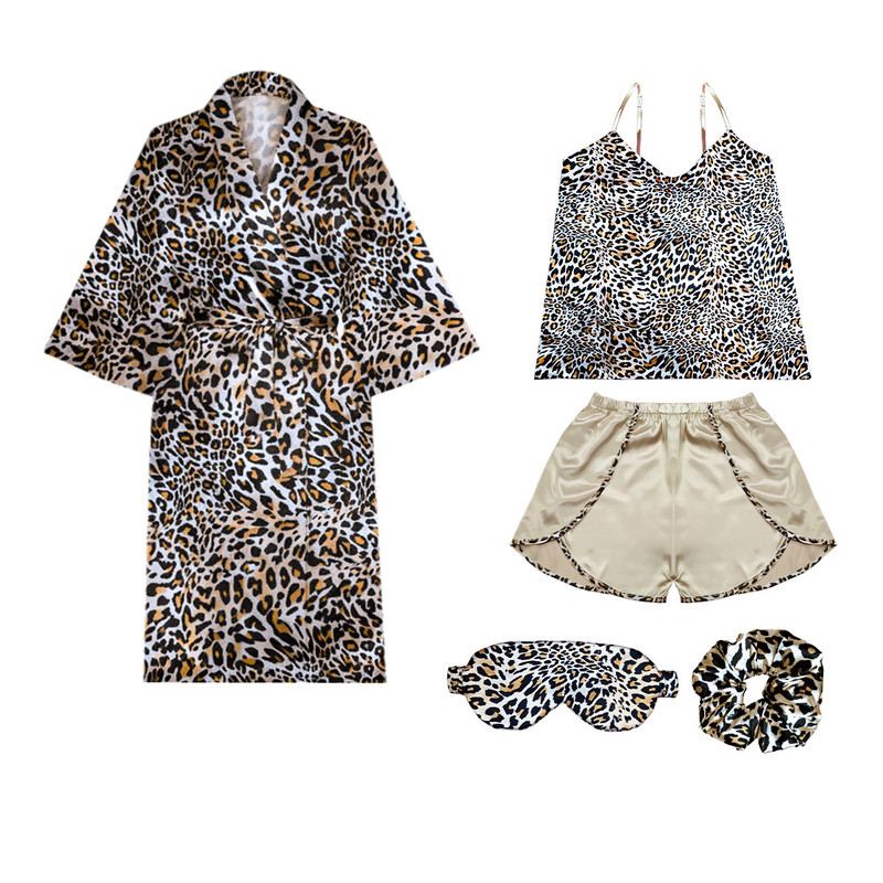 رب دو شامبر زنانه آنی لوکس مدل پلنگی کد 667010L به همراه چشم بند و کش مو