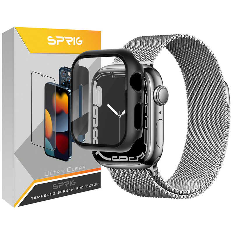 بند اسپریگ مدل Gray Milanese Guard مناسب برای اپل واچ سری SE2021/7/8 سایز 45 میلی متری به همراه کاور