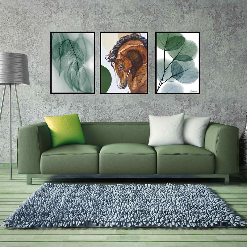 تابلو بکلیت طرح نقاشی دکوری مدرن برگ سبز و اسب مدل B-1515 مجموعه 3 عددی
