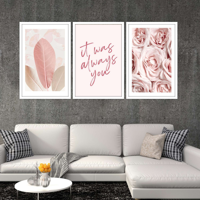 تابلو بکلیت طرح مدرن طبیعت و گل رز صورتی مدل W-1875 مجموعه 3 عددی