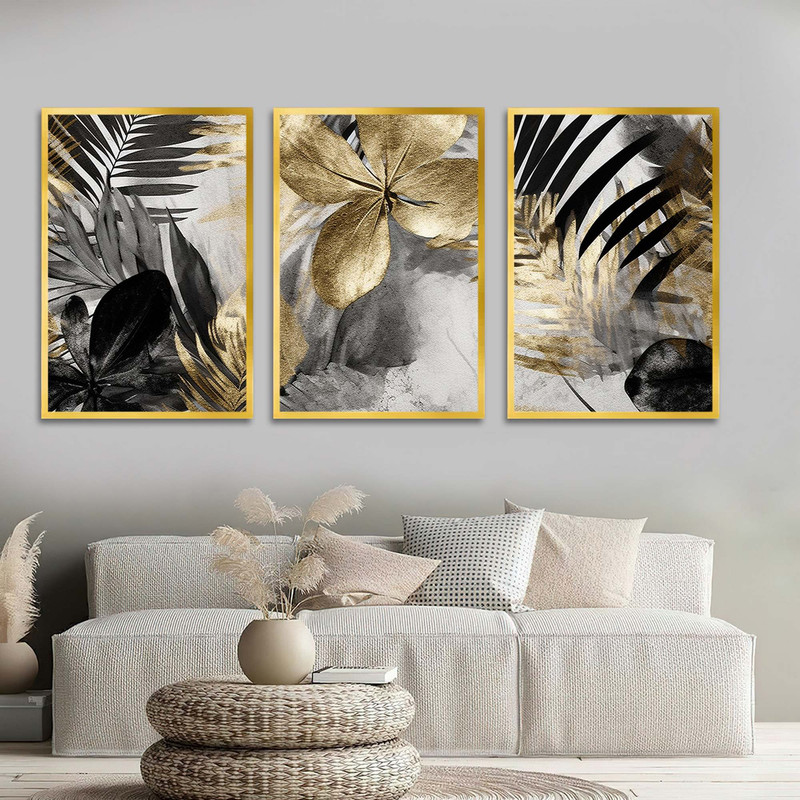 تابلو بکلیت طرح نقاشی گل و برگ مدل T-1603 مجموعه 3 عددی