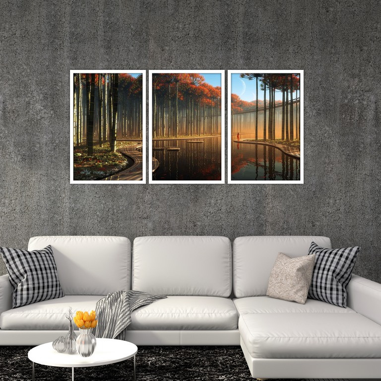 تابلو بکلیت طرح نقاشی منظره پاییزی مدل W-S4823 مجموعه 3 عددی