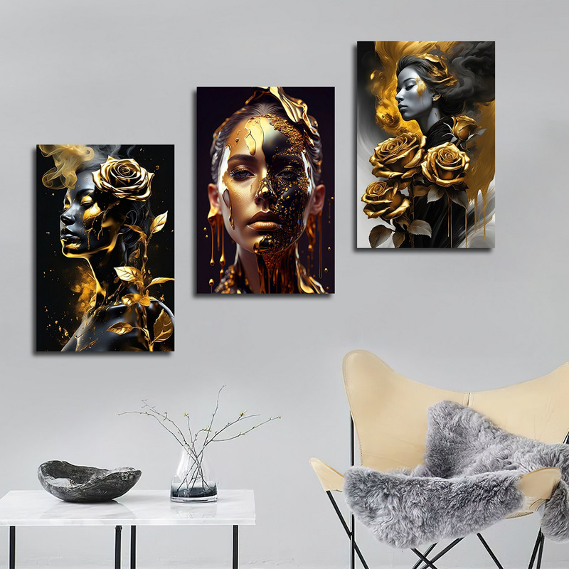 تابلو شاسی بکلیت طرح مدرن طلایی چهره و گل مدل SH-1812 مجموعه 3 عددی