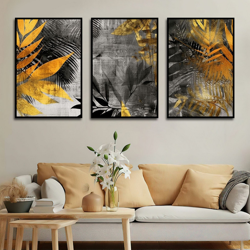 تابلو بکلیت طرح نقاشی مدرن برگ پاییزی مدل B-1600 مجموعه 3 عددی