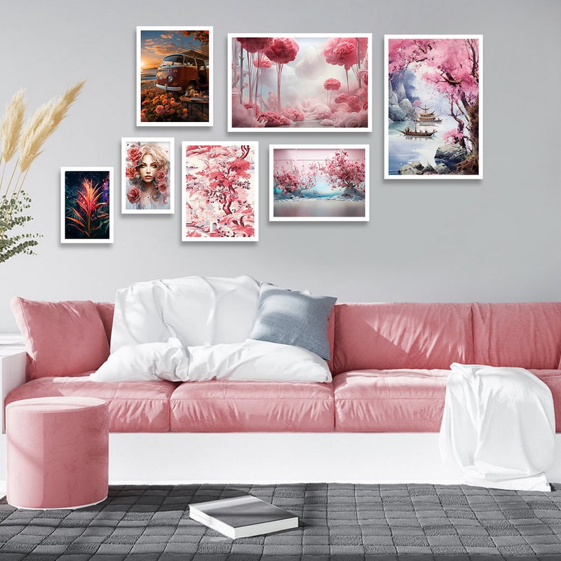 تابلو بکلیت طرح نقاشی دکوراتیو شکوفه های بهاری مدل W-1361 مجموعه 7 عددی