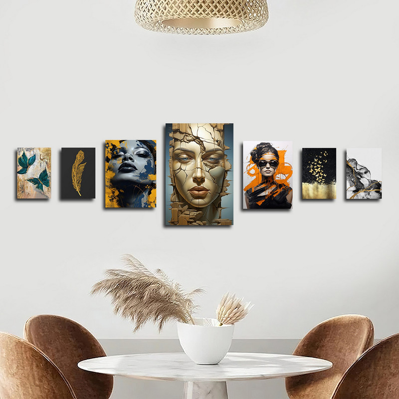 تابلو شاسی بکلیت طرح نقاشی مدرن چهره و پروانه مدل SH-1833 مجموعه 7 عددی