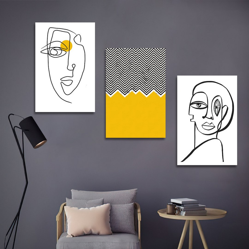 تابلو شاسی بکلیت طرح نقاشی دکوراتیو مدرن سبک کوبیسم مدل SH-1435 مجموعه 3 عددی