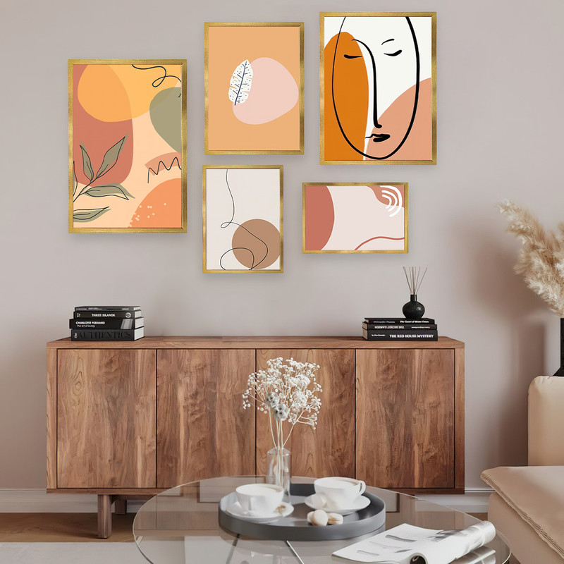 تابلو بکلیت طرح نقاشی مینیمال چهره و پر مدل T-641 مجموعه 5 عددی