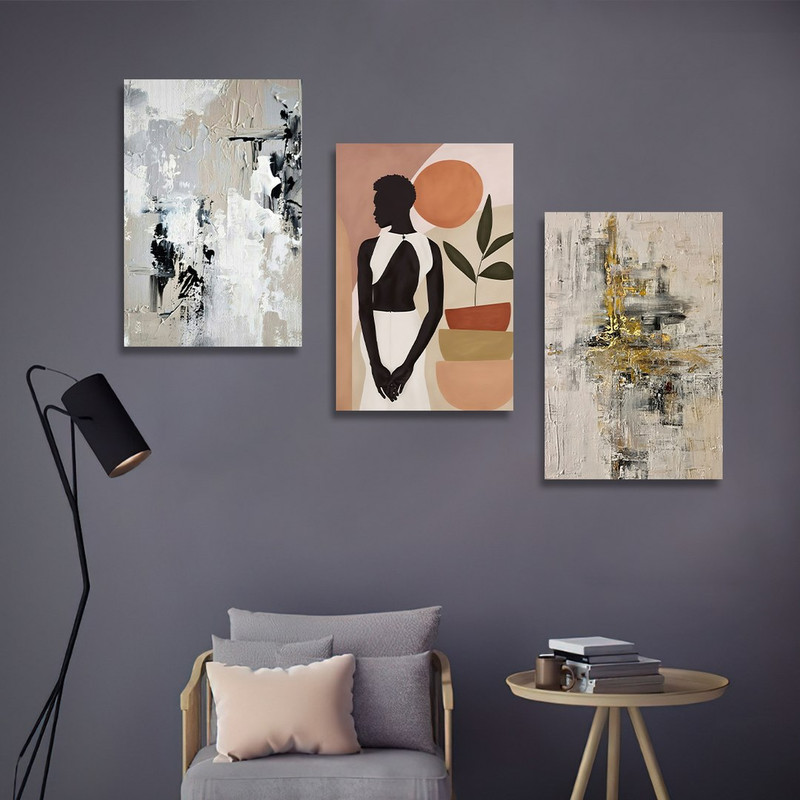 تابلو شاسی بکلیت طرح نقاشی دکوری مدرن سبک آبستره و مینیمال مدل SH-1490 مجموعه 3 عددی