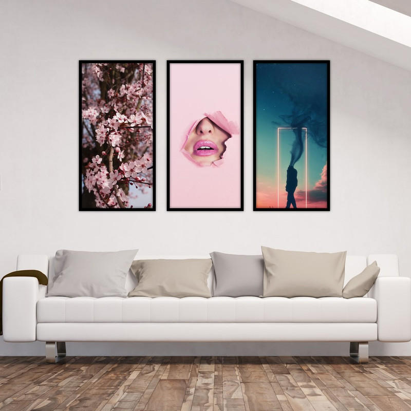 تابلو بکلیت طرح دکوراتیو گل صورتی و چهره مدل B-546 مجموعه 3 عددی