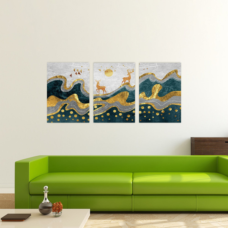 تابلو شاسی بکلیت طرح مدرن انتزاعی و گوزن مدل SH-1905 مجموعه 3 عددی