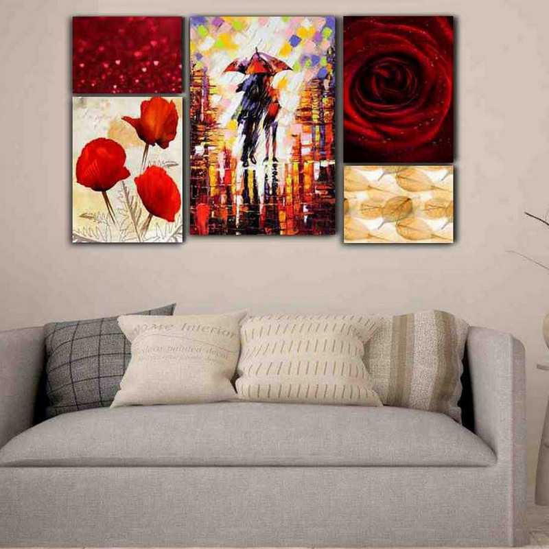 تابلو شاسی بکلیت طرح نقاشی رنگ روغن و گل قرمز مدل SH-193 مجموعه 5 عددی