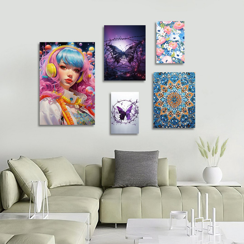 تابلو شاسی بکلیت طرح نقاشی دخترانه و پروانه مدل SH-1249 مجموعه 5 عددی