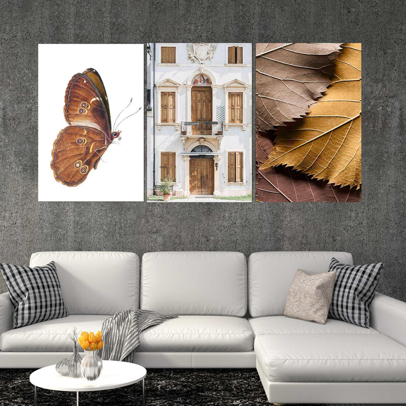 تابلو شاسی بکلیت طرح مدرن برگ پاییزی و پروانه مدل SH-1557 مجموعه 3 عددی