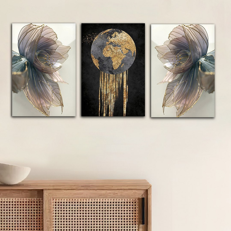 تابلو شاسی بکلیت طرح ورق طلا کره زمین و گل مدل SH-777 مجموعه 3 عددی