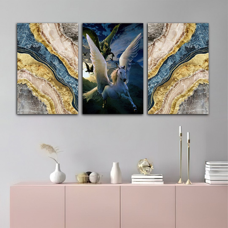 تابلو شاسی بکلیت طرح دکوراتیو رزین و اسب تک شاخ مدل SH-791 مجموعه 3 عددی