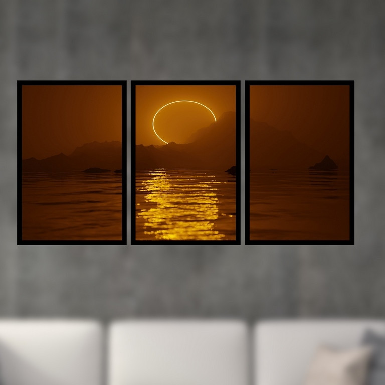 تابلو بکلیت طرح نقاشی فانتزی کسوف خورشید گرفتگی مدل B-S4897 مجموعه 3 عددی