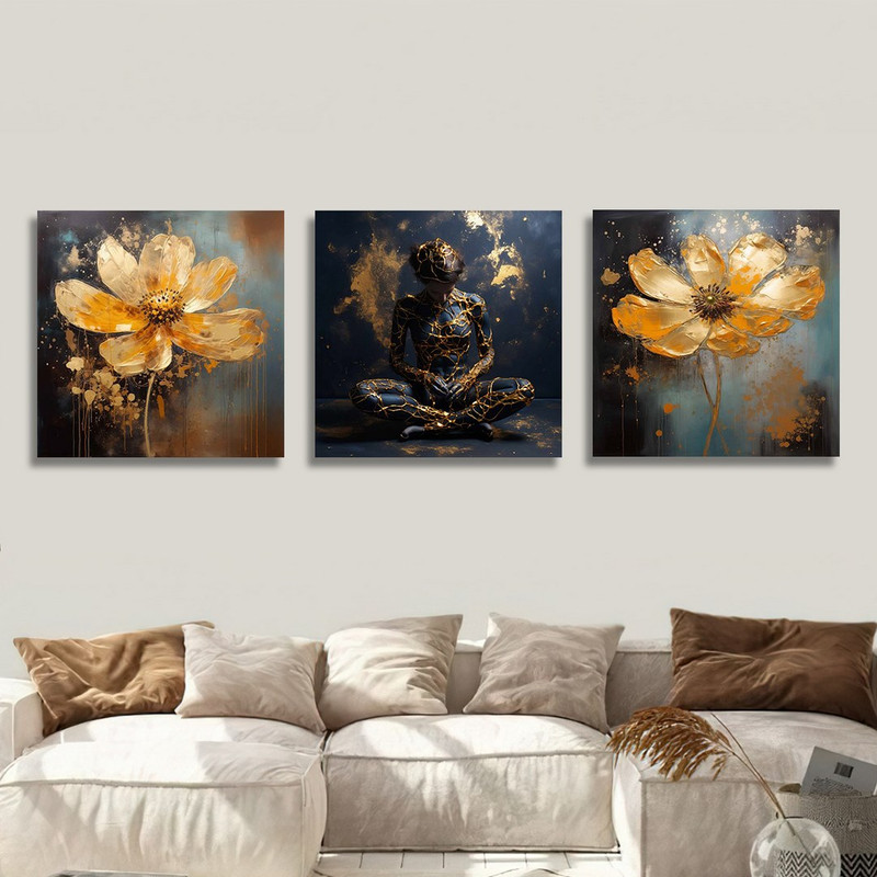 تابلو شاسی بکلیت طرح گل طلایی مدل SH-1214  مجموعه 3عددی