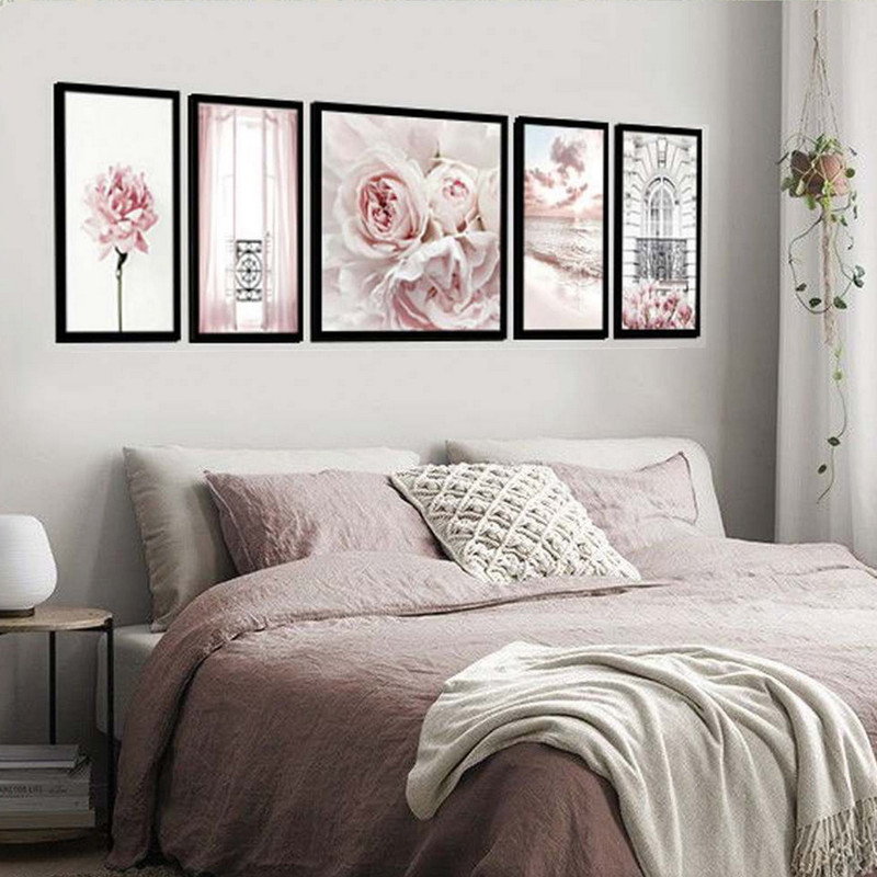 تابلو بکلیت طرح مدرن منظره ساحل دریا و گل رز مدل B-1934 مجموعه 5 عددی