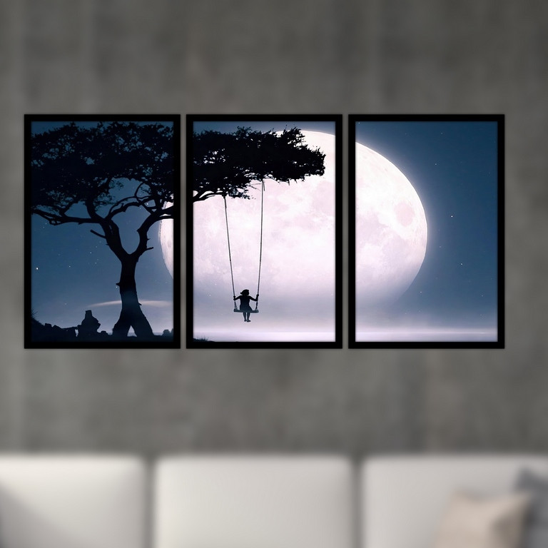 تابلو بکلیت طرح نقاشی ماه و شب مهتابی مدل B-S4903 مجموعه 3 عددی