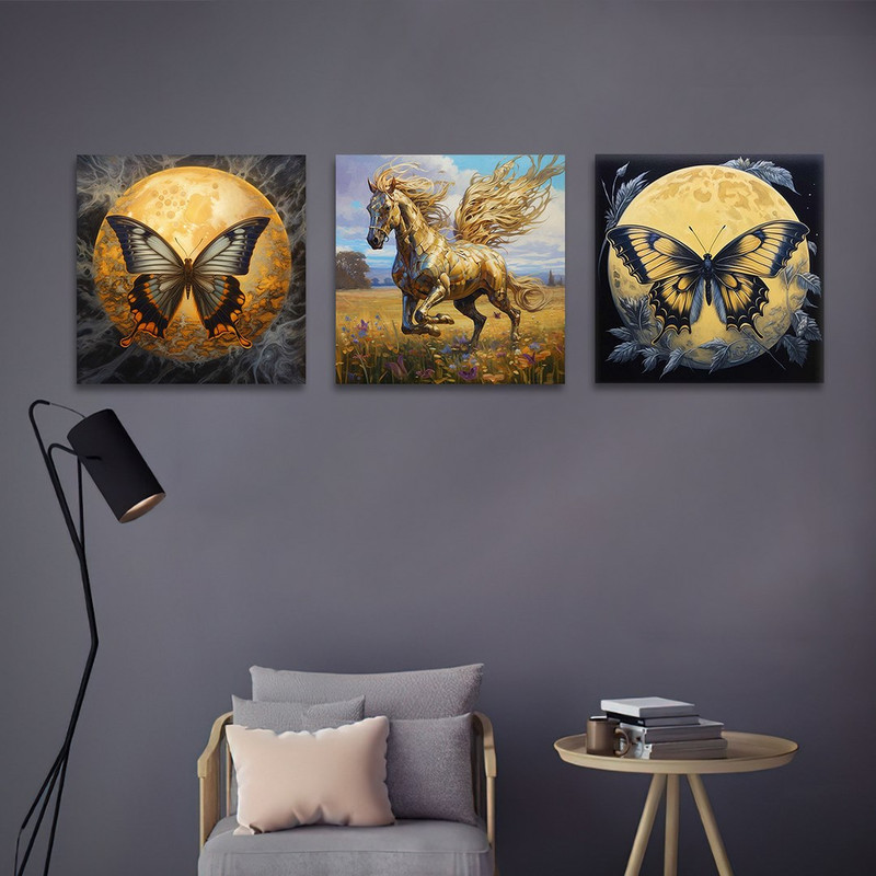 تابلو شاسی بکلیت طرح پروانه و اسب طلایی مدل SH-1225  مجموعه 3 عددی