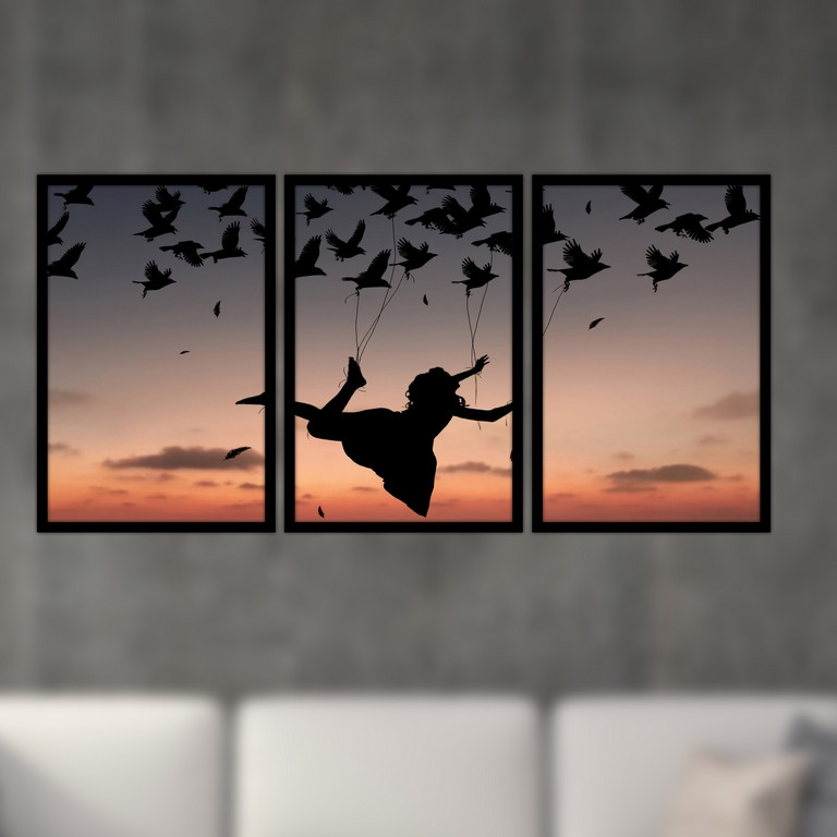 تابلو بکلیت طرح نقاشی غروب آفتاب و رقص پرندگان مدل B-S4781 مجموعه 3 عددی