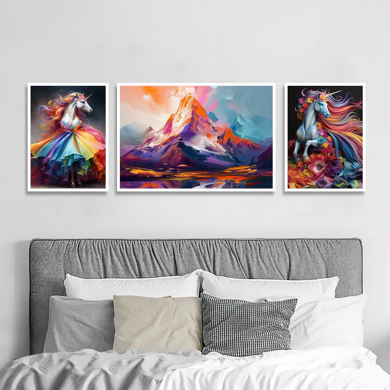 تابلو بکلیت طرح اسب تک شاخ و کوه مدل W-1292 مجموعه 3 عددی