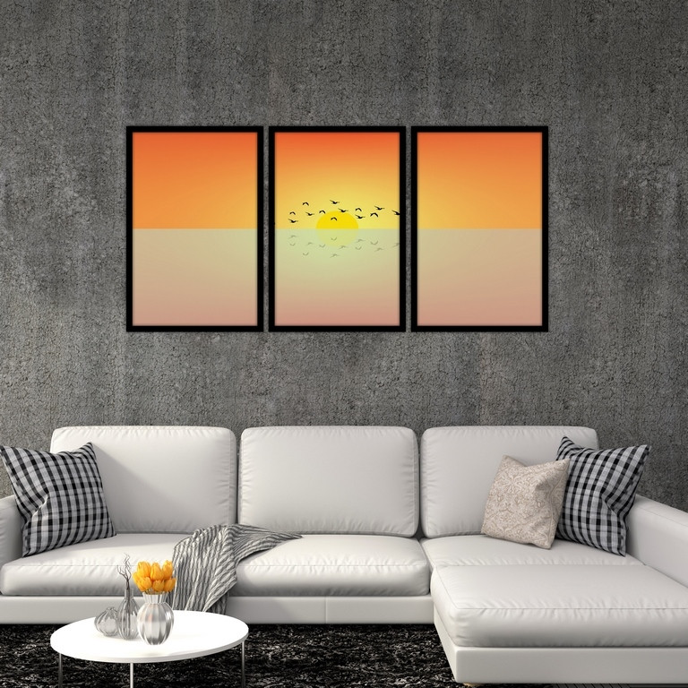 تابلو بکلیت طرح نقاشی دریا و رقص پرندگان مدل B-S4979 مجموعه 3 عددی