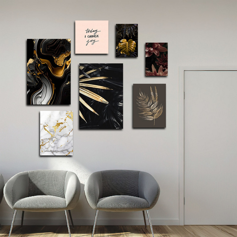 تابلو شاسی بکلیت طرح مدرن ورق طلا برگ و جمله انگیزشی مدل SH-1733 مجموعه 7 عددی