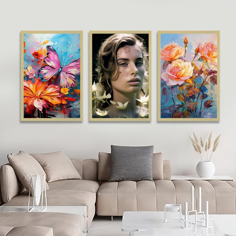 تابلو بکلیت طرح نقاشی گل رنگی و پروانه مدل BE-1209 مجموعه 3 عددی