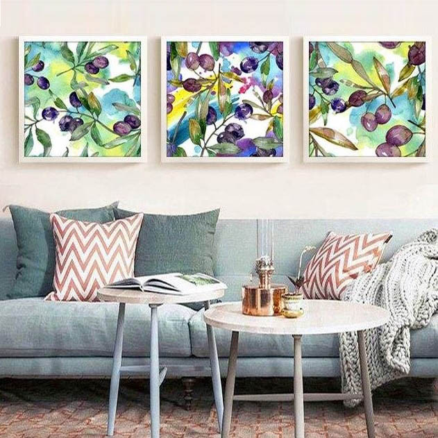 تابلو بکلیت طرح نقاشی فانتزی برگ و میوه مدل دکوراتیو W-270 مجموعه 3 عددی