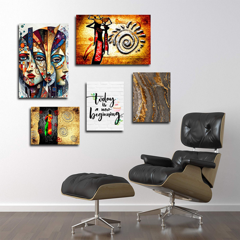 تابلو شاسی بکلیت طرح نقاشی مدرن آفریقایی مدل SH-1831 مجموعه 5 عددی