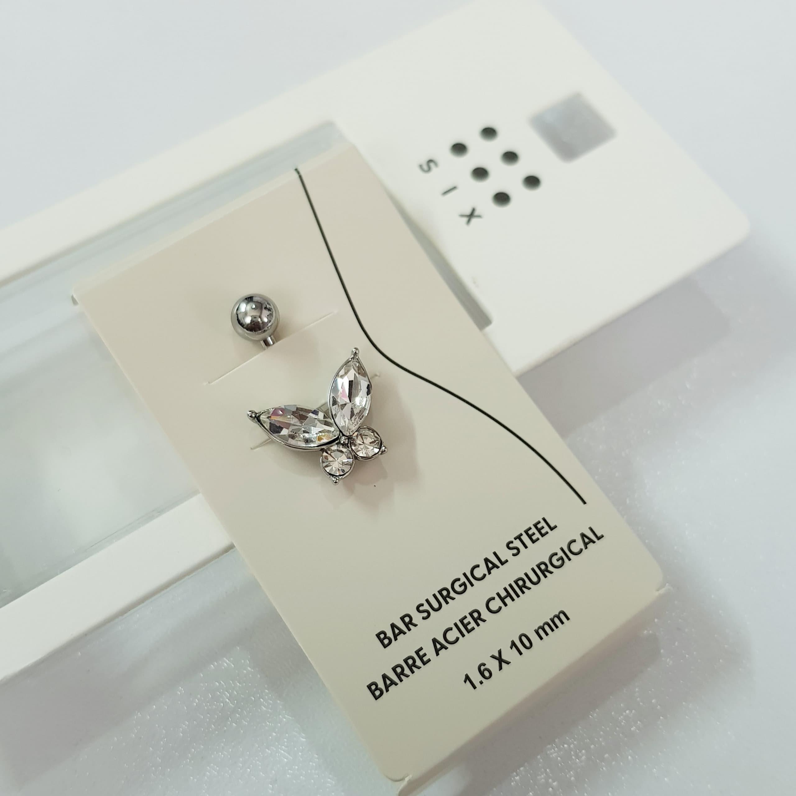 پیرسینگ ناف طرح پروانه تمام نگین جنس استیل جراحی (Surgical Steel)