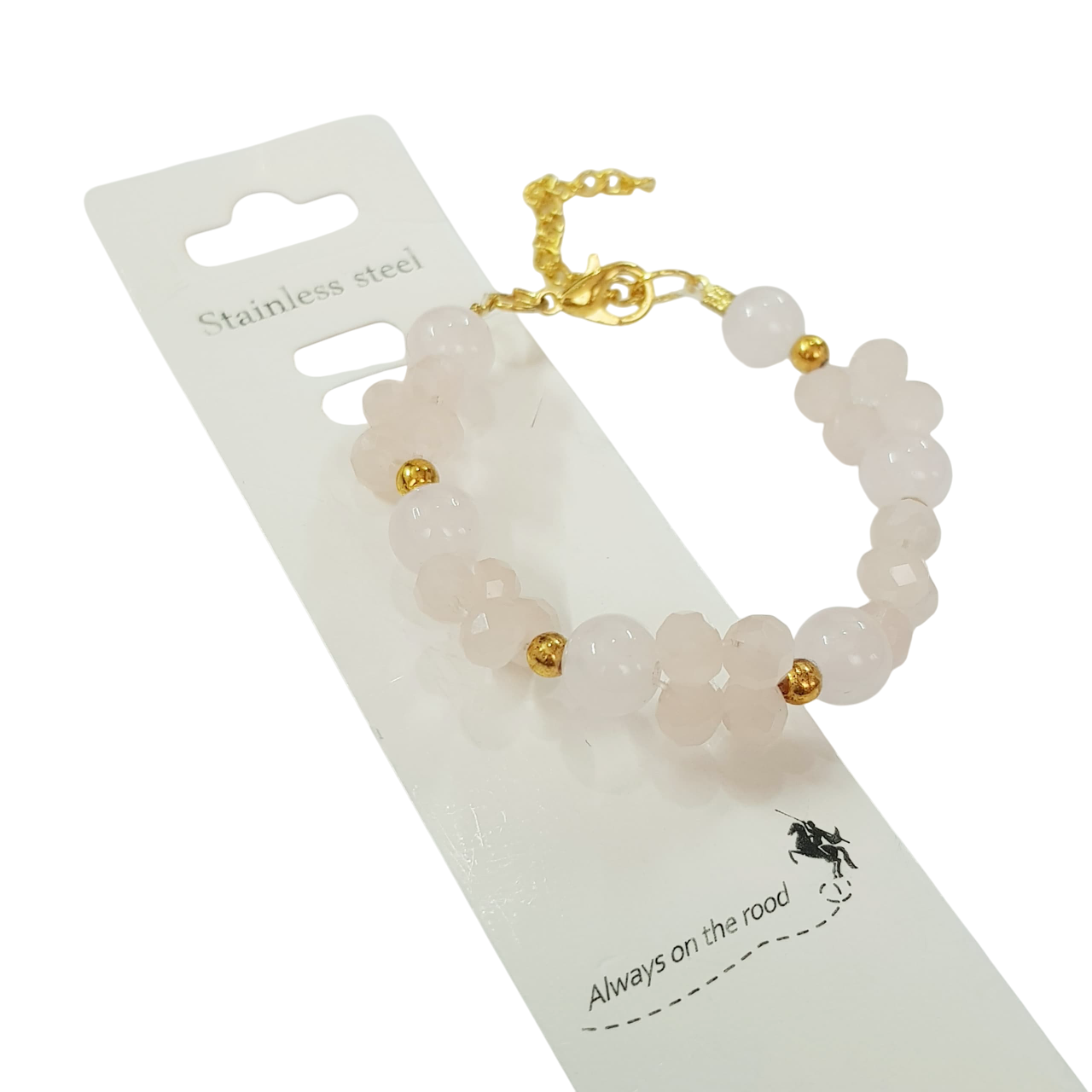 دستبند استیل طلایی کار شده با مهره های صورتی