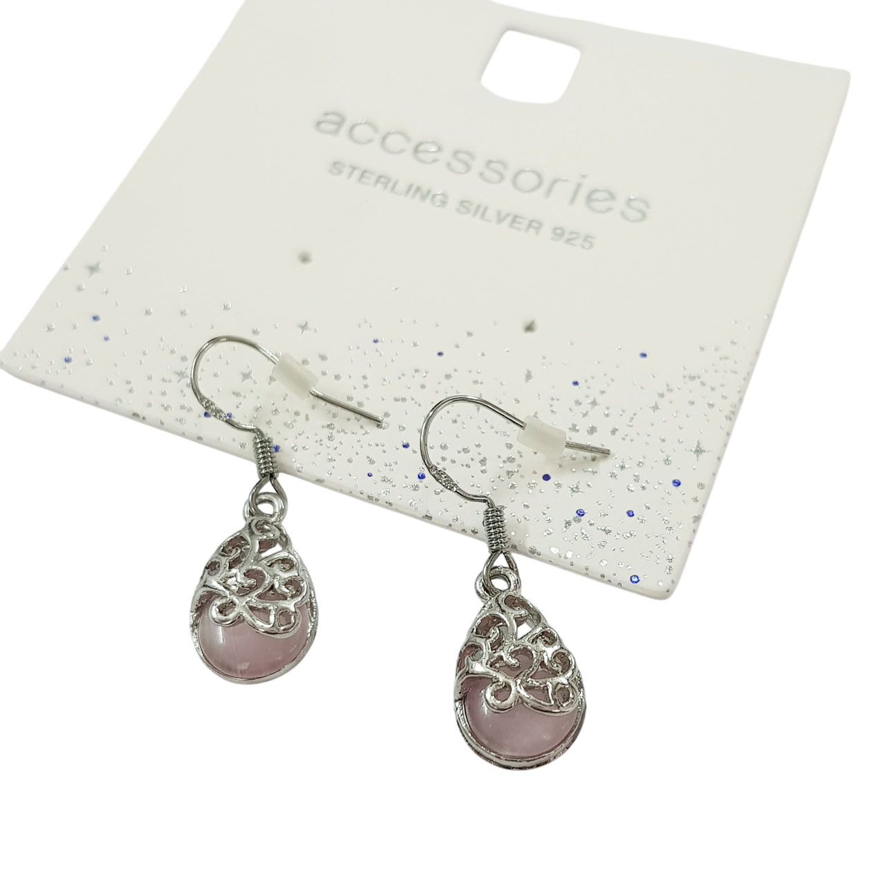 گوشواره نقره عیار ۹۲۵ با آویز سنگ رز کوارتز برند ACC