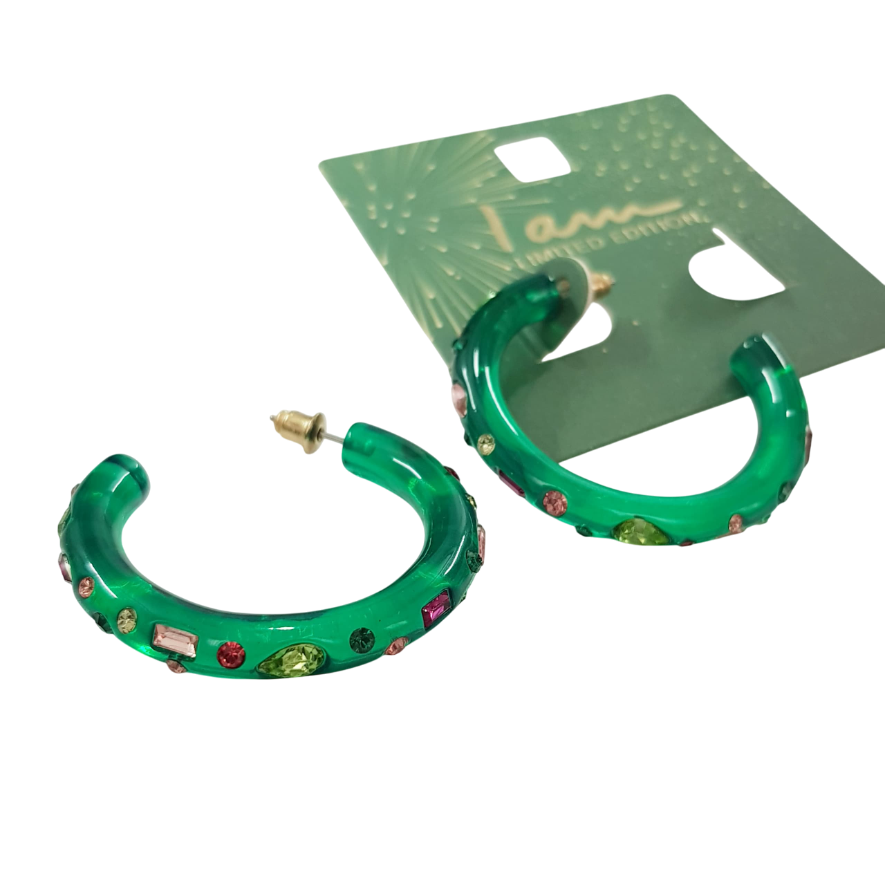 گوشواره حلقه ای سبز با نگین های مولتی کالر برند iam کد ۰۸۰۹۱