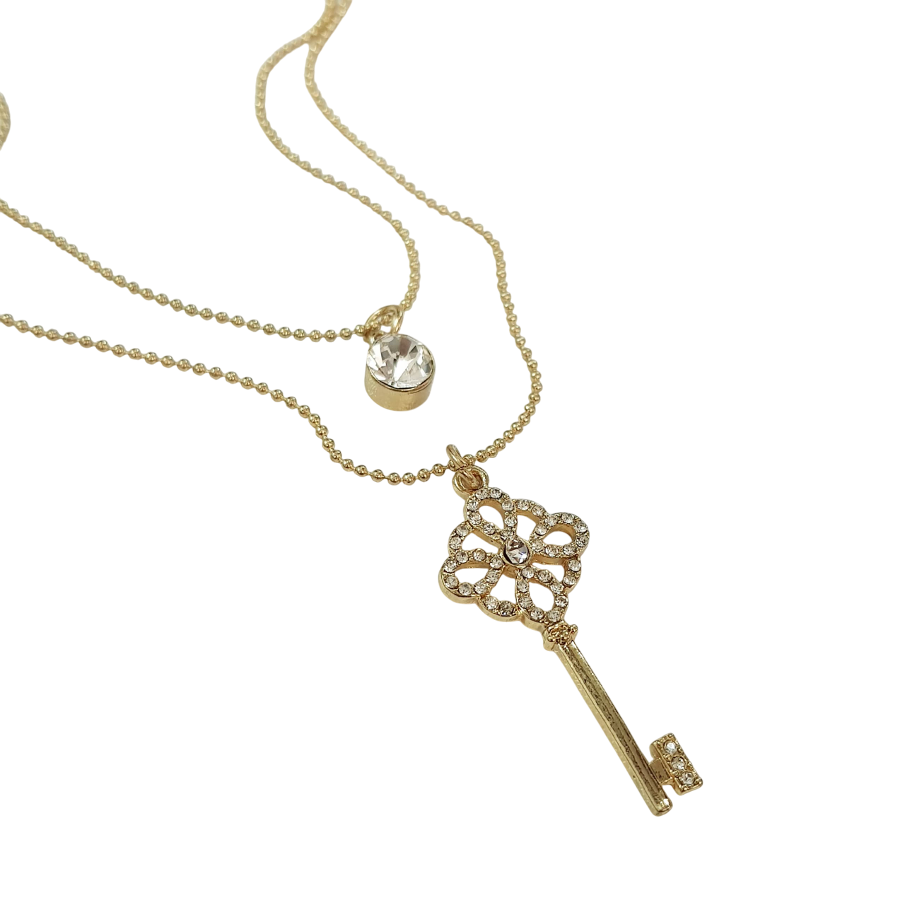 گردنبند طلایی دو ردیف آویز کلید نگین دار برند Fashion Jewelry کد ۱۰۰۹۴