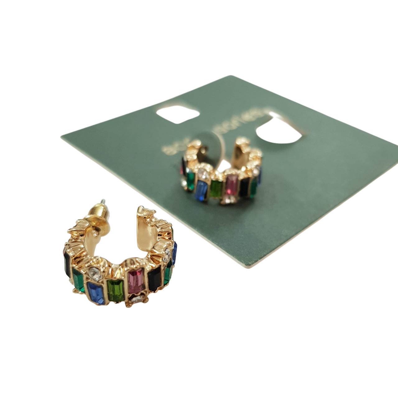 گوشواره حلقه ای طلایی کار شده با نگین های باگتی رنگی برند Accessories کد ۱۱۰۹۰۵